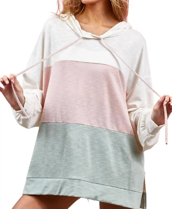 Drawstring Color Block Hooded Long Sleeve Top In Ivory/sage/blush