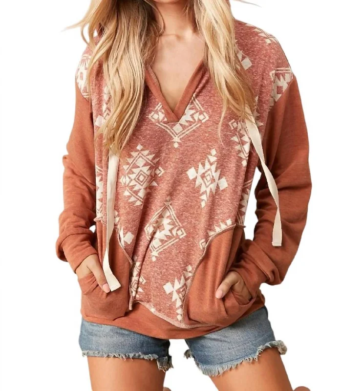 Aztec Vneck Hoodie In Rust