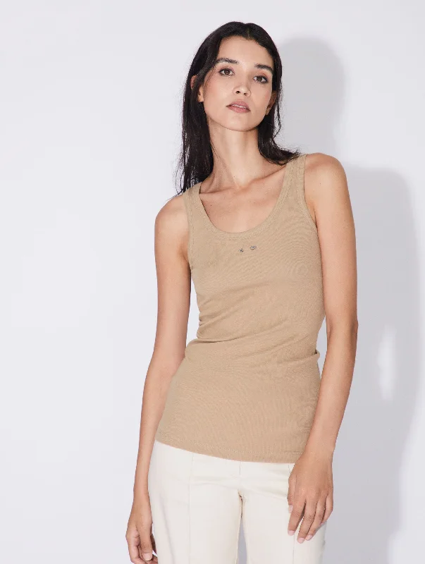 Beige round neck ribbed jersey tank top