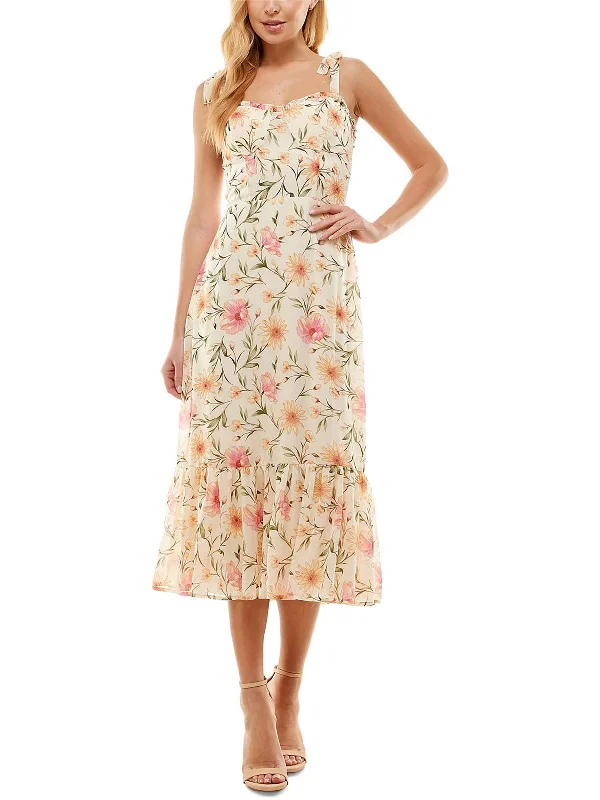 Juniors Womens Floral Print Tie Shoulder Midi Dress