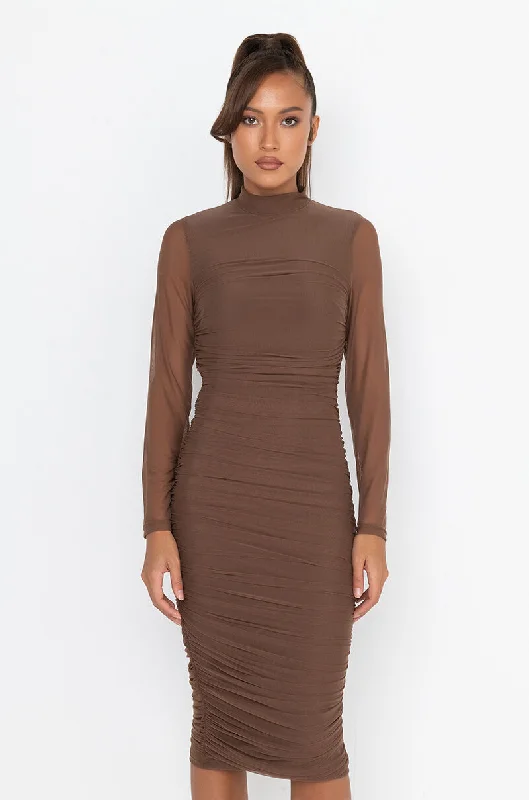 KEEP IT LOW KEY LONG SLEEVE MIDI RUCHED DRESS BROWN