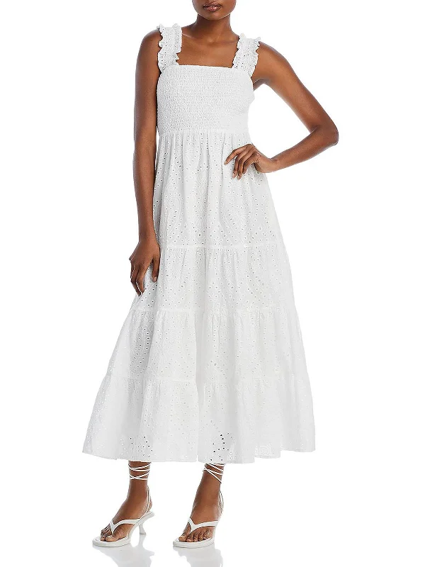 Womens Eyelet Smocked Midi Dress