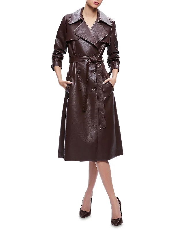 Elicia Womens Vegan Leather Double-Breasted Trench Coat