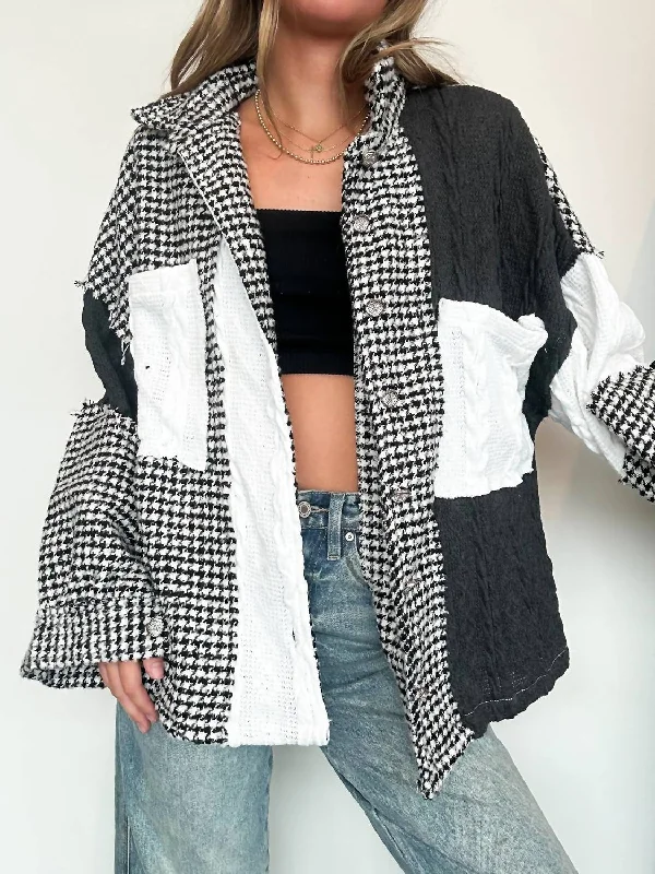 Houndstooth Patchwork Shacket In Black/white