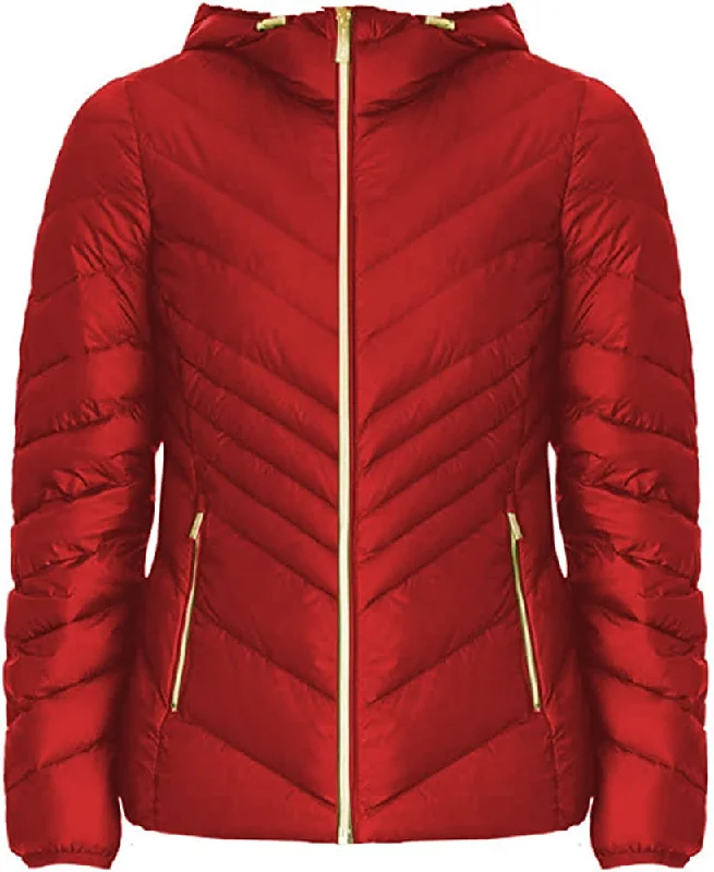 Michael Michael Kors Women's Red Down Hooded Packable Puffer Coat Jacket