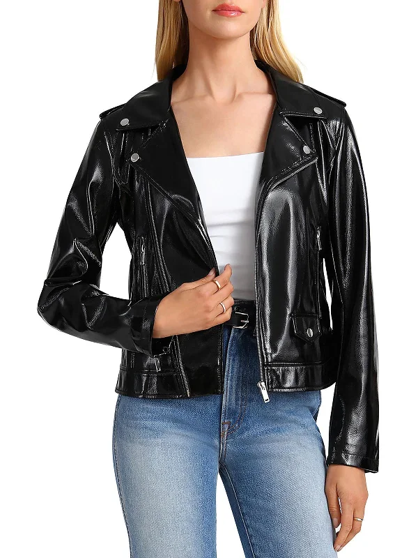 Womens Patent Faux Leather Motorcycle Jacket