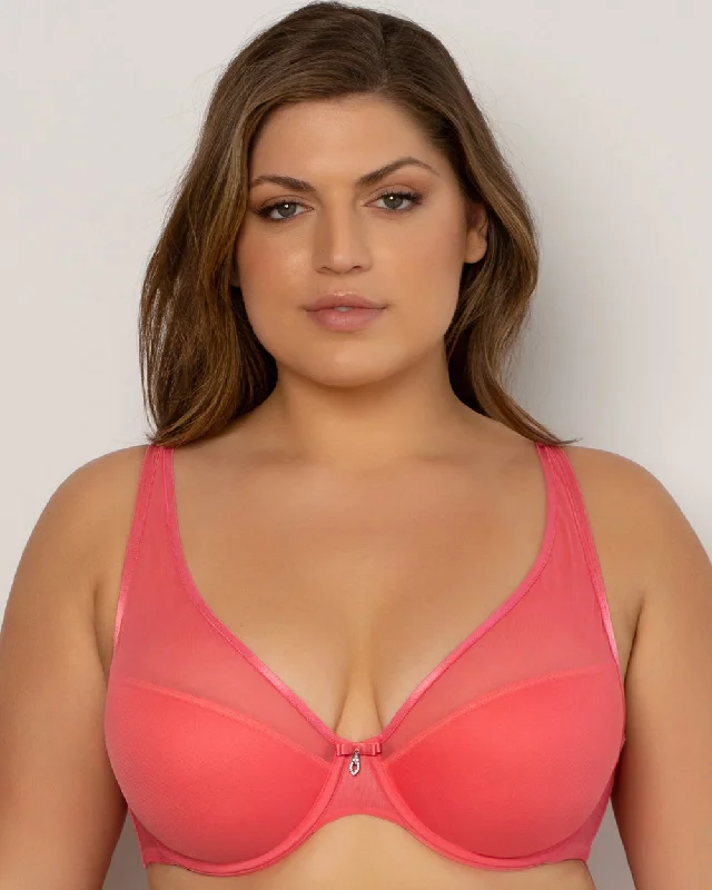 Sheer Mesh Plunge T-Shirt Bra - Sun Kissed Coral