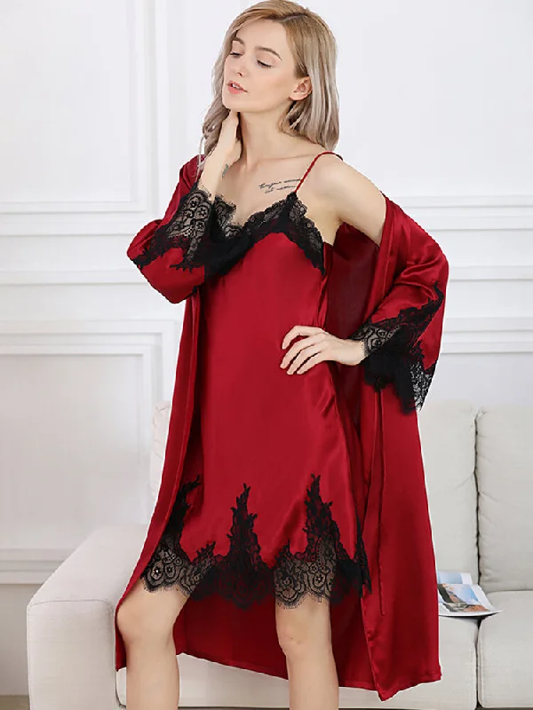 Sexy Lace Trimmed Long Silk Chemise and Robe Set