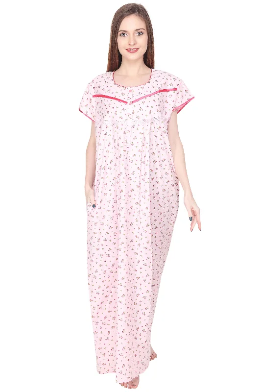 Floral Printed Cotton Night Gown with Pocket