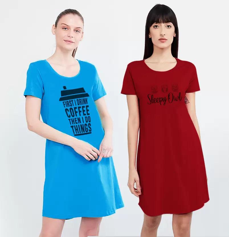 Pack of 2 Women Nighty  (Blue, Maroon)