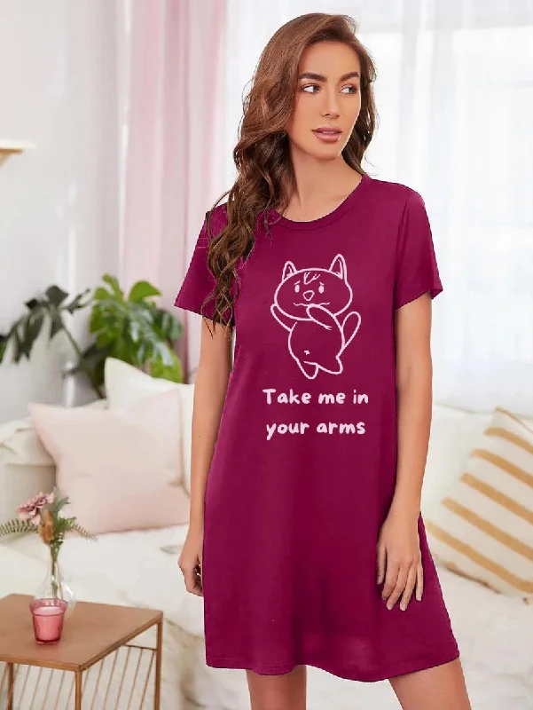 Women Half Sleeve Printed Nighty_(Maroon)