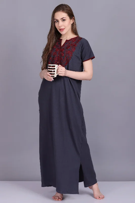 Women Hosiery Solid Grey Night Gown | Maxi | Nighty | Embroidery Neck | With Pocket