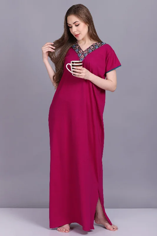 Women Hosiery Solid Magenta Night Gown | Maxi | Nighty | Embroidery Neck | With Pocket