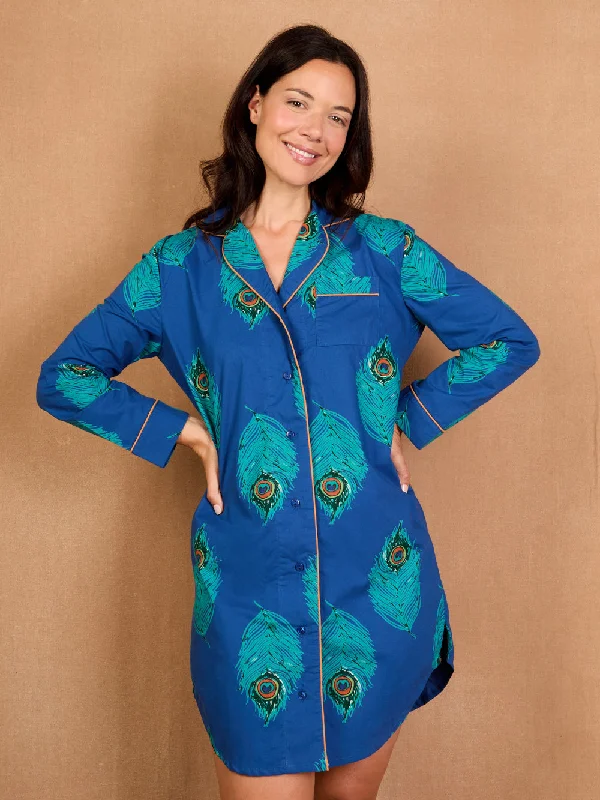 Womens Cotton Nightshirt Navy Peacock Feather