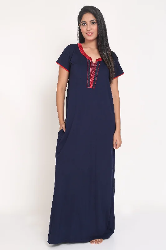 Women's Hosiery Navy Blue Plain Maxi Nightgown with Embroidery Neck