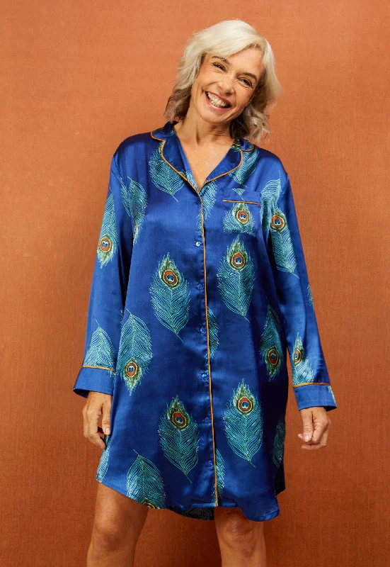 Womens Satin Nightshirt Navy Peacock